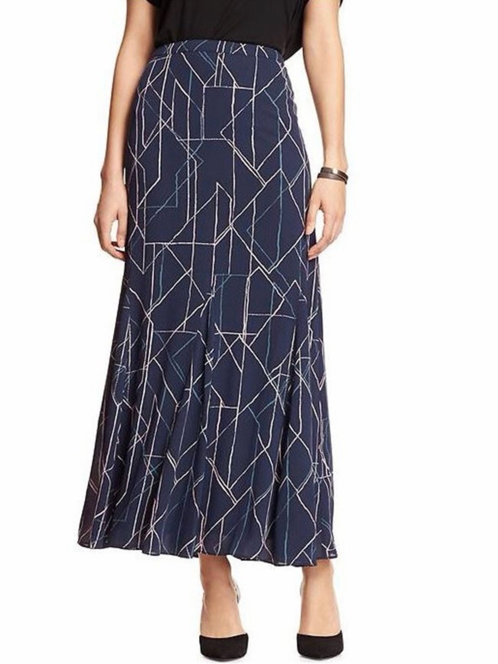 NWT Banana Republic Factory Navy Blue ‘Geometric Print Chiffon Maxi Skirt’ Sz 2